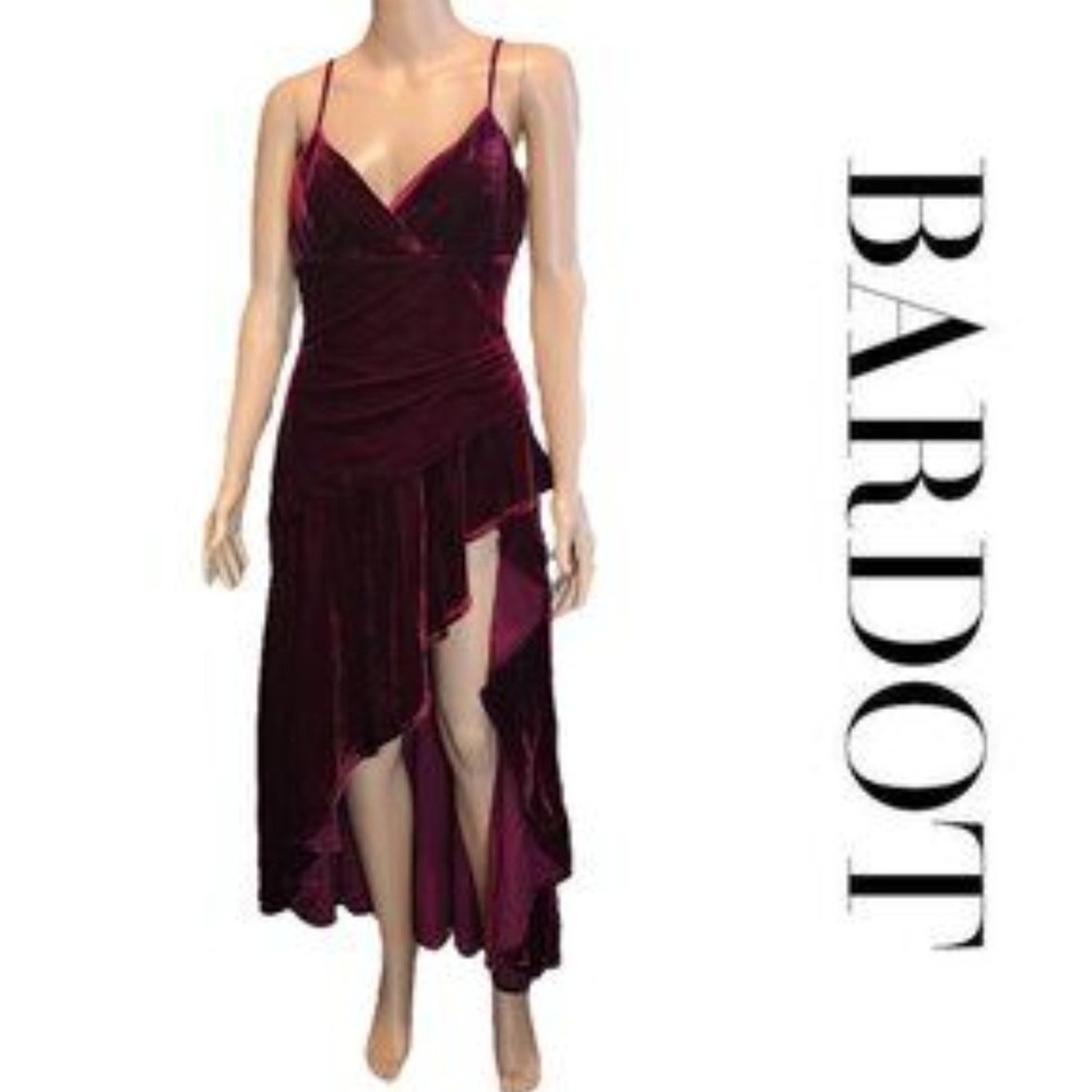 New Burgundy Bardot Velvet Hi Low Maxi Dress XL Old Money Vampire Red NWOT
